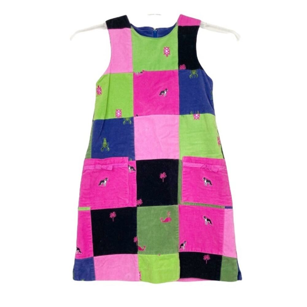 Vintage 90s Lilly Pulitzer patchwork corduroy turtle crab cat dress Sz 8 Girls